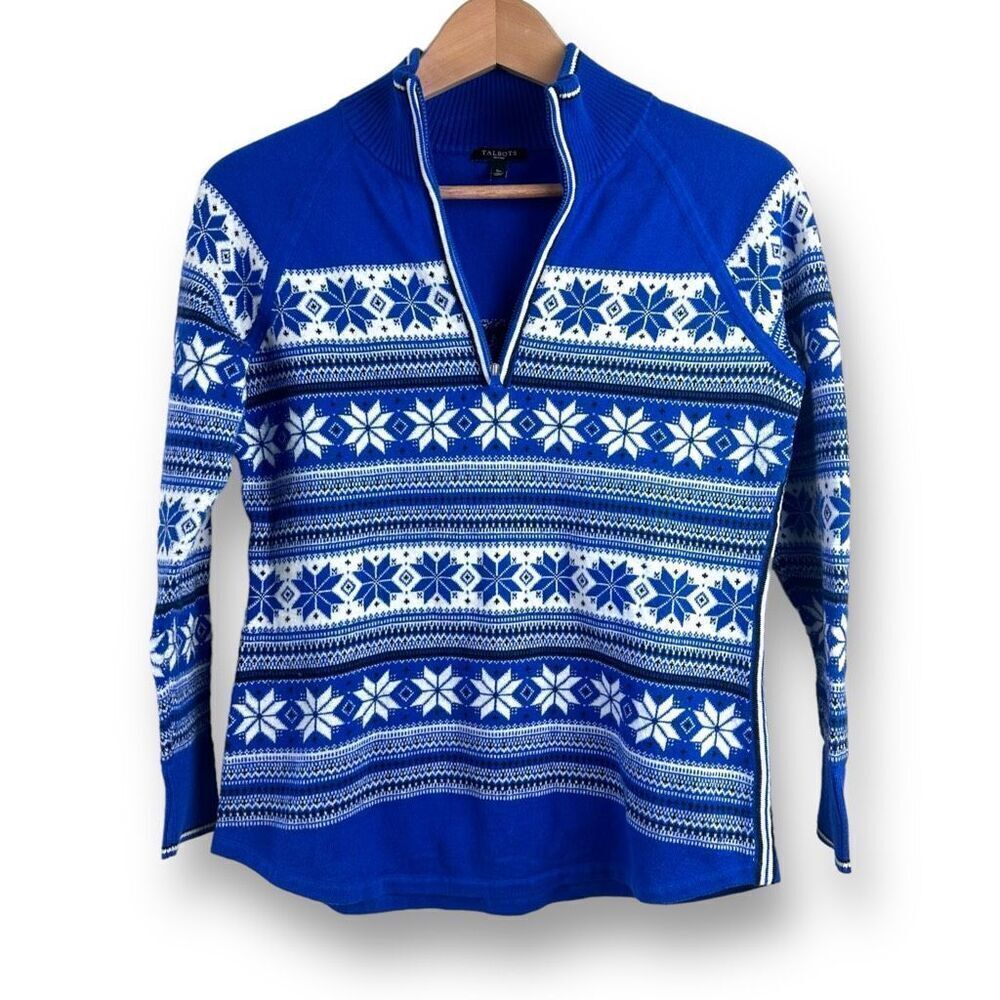 Talbots Women's S Petite Quarter Zip Faire Isle Sweater Royal‎ Blue Nordic Print